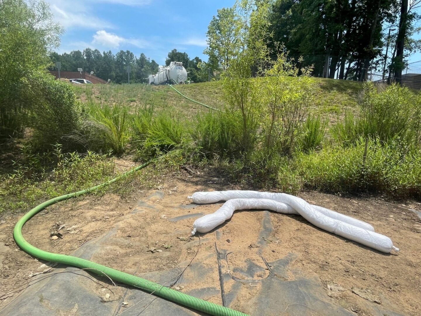 A pipe laying on the ground near some trees